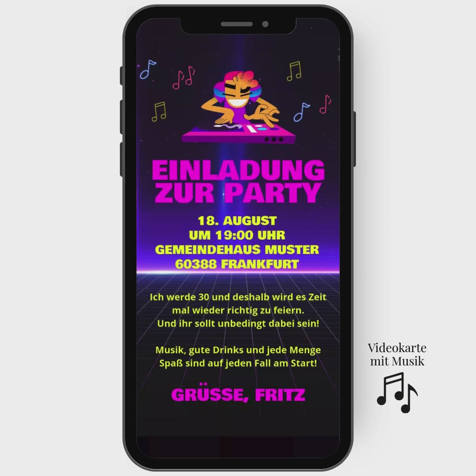 Lustige Video Einladung animiert zum Geburtstag mit tanzendem DJ in Neonfarben