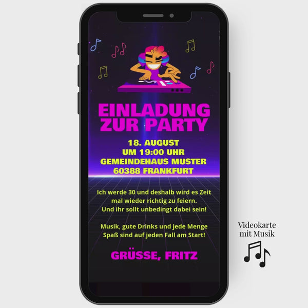 Lustige Video Einladung animiert zum Geburtstag mit tanzendem DJ in Neonfarben