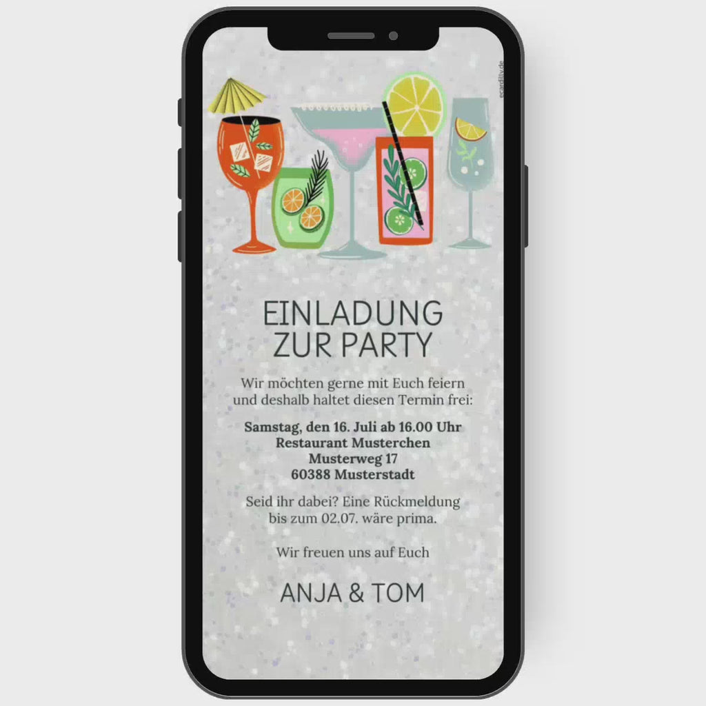 Einladung zum Geburtstag mit bunten sich bewegenden Cocktail Gläsern