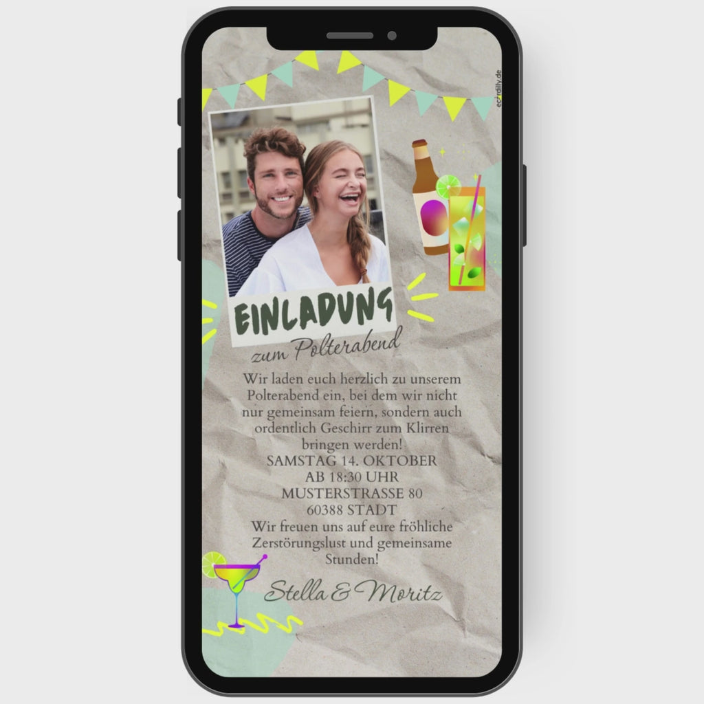 Tolle originelle animierte Einladung zum Polterabend mit Foto