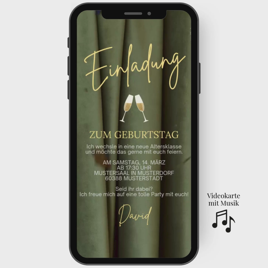 Digitale Einladungskarte mit edlen Konfettipunkten und goldener Schrift