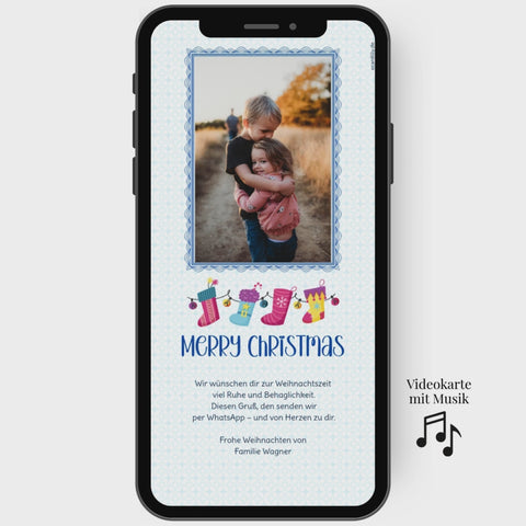 Digitale Weihnachtskarte mit Foto und edlen Blautönen. Skandinavisches Design mit individuellem Foto.