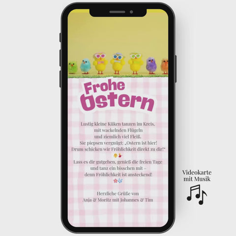 Ostergrußkarte tanzende Küken und digitalen Ostergruessen