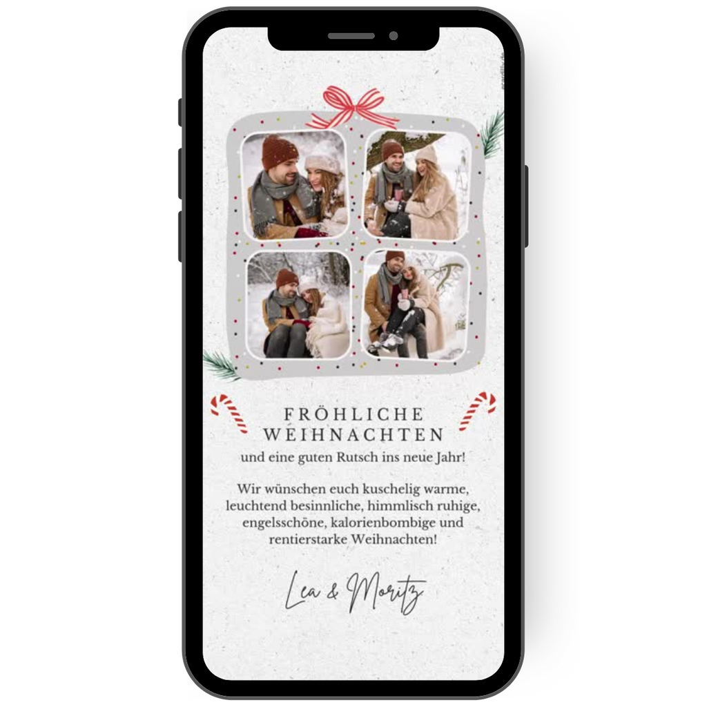 Tolle Weihnachtskarte mit vier Fotos als Geschenk mit kleinen Zuckerstangen. Modernes Design für eine WhatsApp Weihnachtskarte