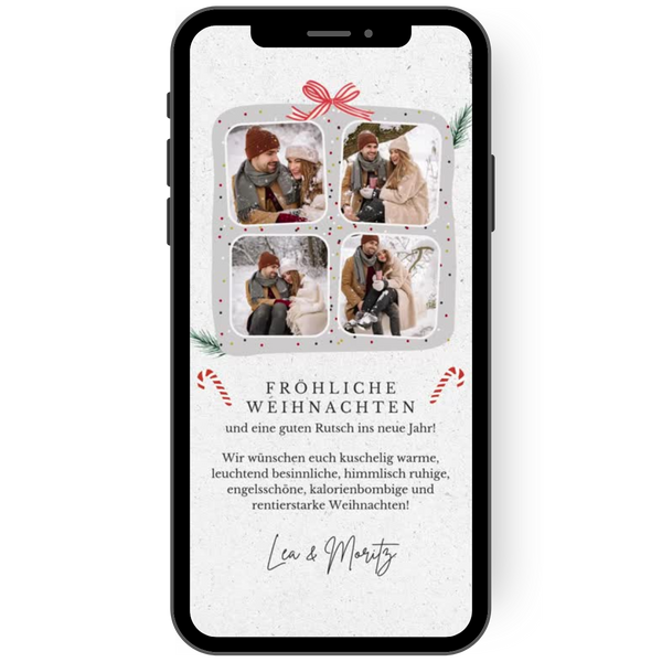 Tolle Weihnachtskarte mit vier Fotos als Geschenk mit kleinen Zuckerstangen. Modernes Design für eine WhatsApp Weihnachtskarte