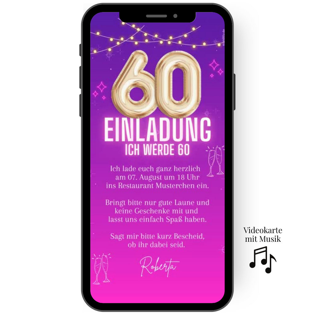 Animierte Einladungskarte zum 60 Geburtstag in pink mit Zahl