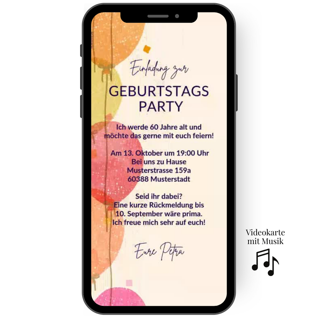 Animierte Einladung zum Geburtstag mit bunten Ballons und Musik
