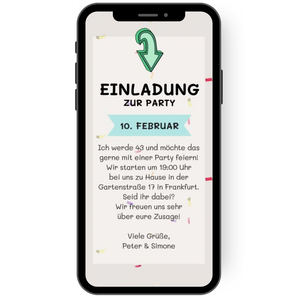 Tolle Einladungskarte mit Videobotschaft. Ein Neonschild weist auf die Party hin und buntes Konfetti fällt über die Buchstaben.