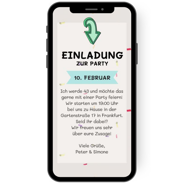 Tolle Einladungskarte mit Videobotschaft. Ein Neonschild weist auf die Party hin und buntes Konfetti fällt über die Buchstaben.