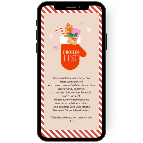 Rot-weiße WhatsApp-Weihnachtskarte mit liebevoll gefülltem Handschuh und fröhlicher Weihnachtsmusik – individuelle Grüße einfügen und sofort per WhatsApp versenden.