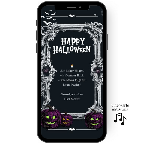 Tolle Grusskarte zu Halloween digitale WhatsApp Karte mit Kürbis, Spinne und Fledermaus.