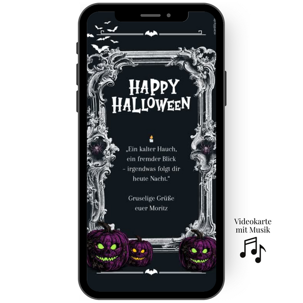 Tolle Grusskarte zu Halloween digitale WhatsApp Karte mit Kürbis, Spinne und Fledermaus.
