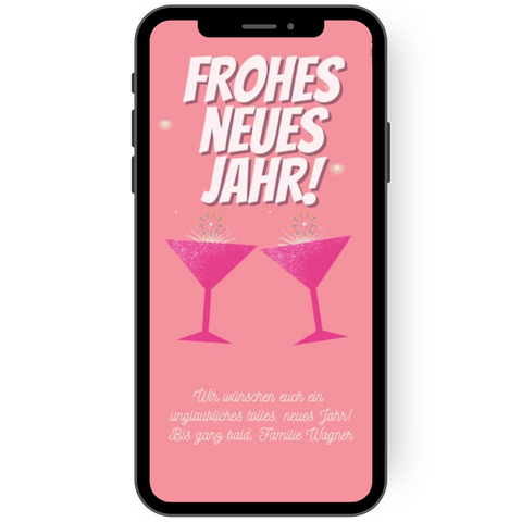 eCard mit Neujahrsgrüßen in Pink: Auf pinkem Hintergrund sind zwei Cocktailgläser, die miteinander anstoßen und beste Wünsche für ein frohes Neues Jahr platziert de