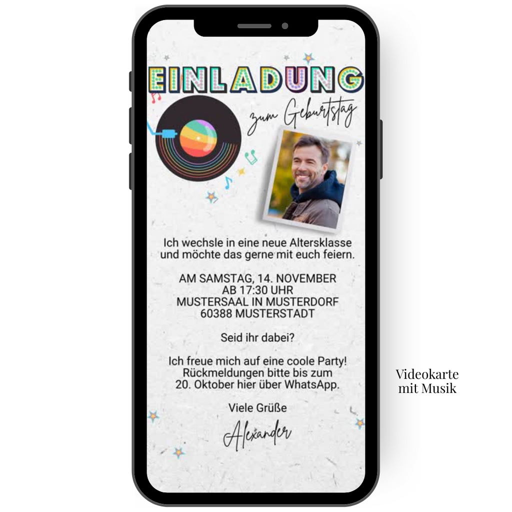Animierte Einladung mit Musik und Foto und drehender Schallplatte