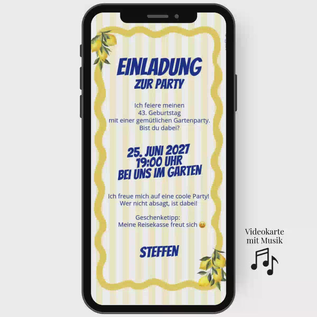 WhatsApp Einladung zum Geburtstag mit Zitronen in gelb und blau