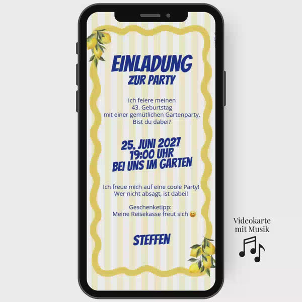 WhatsApp Einladung zum Geburtstag mit Zitronen in gelb und blau