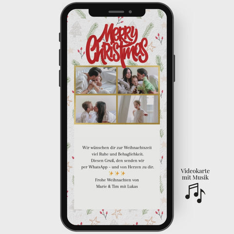 Digitale Weihnachtskarte mit einem weihnachtlichen Hintergrund und roter Schrift. Die Karte hat vier Fotos die individuell erstellt werden können.