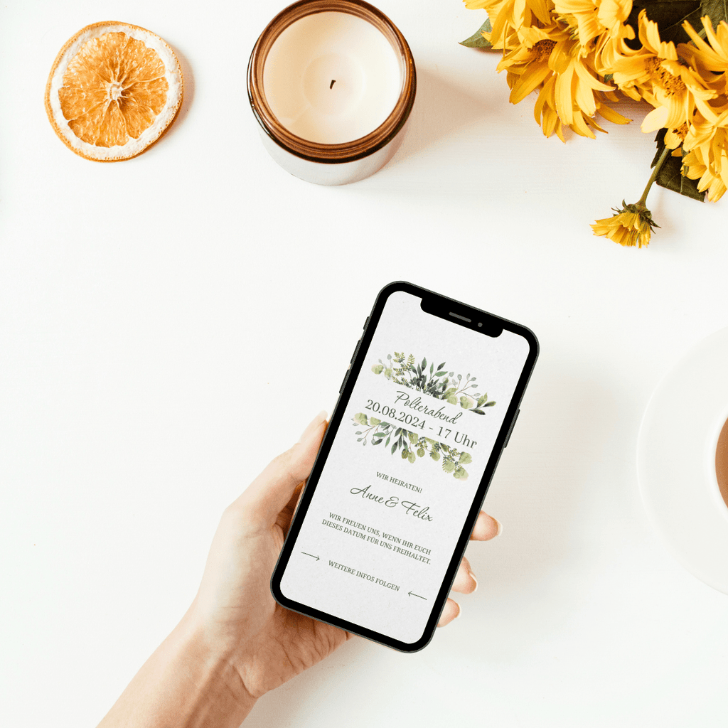 Save-the-Date Karte für eine Hochzeit - oder auch für einen Geburtstag. Im Greenery-Style schlicht, naturnah mit unterschiedlichen grünen Blättern gestaltete Karte. Digitaler Versand über das Handy