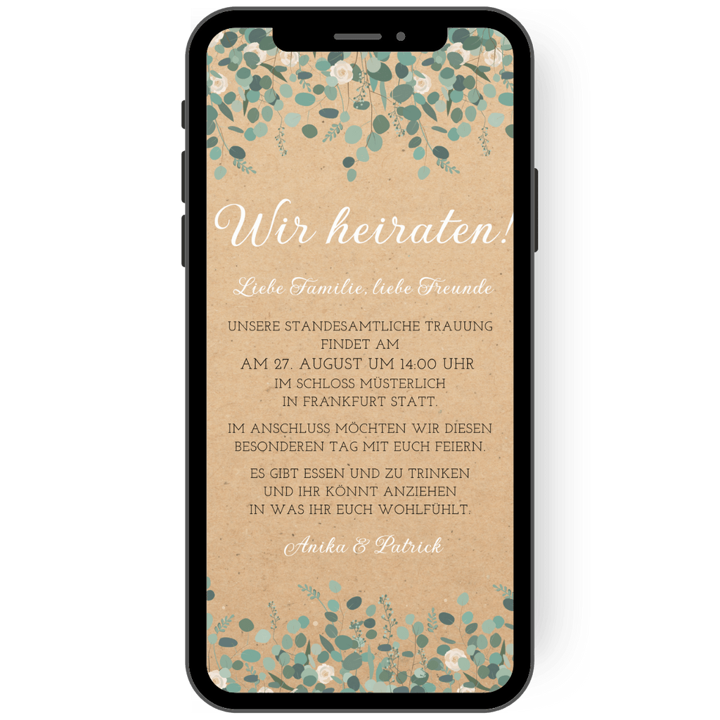 Digitale Save the Date Karte zur Hochzeit mit Kraftpapieroptik und grünen Ranken
