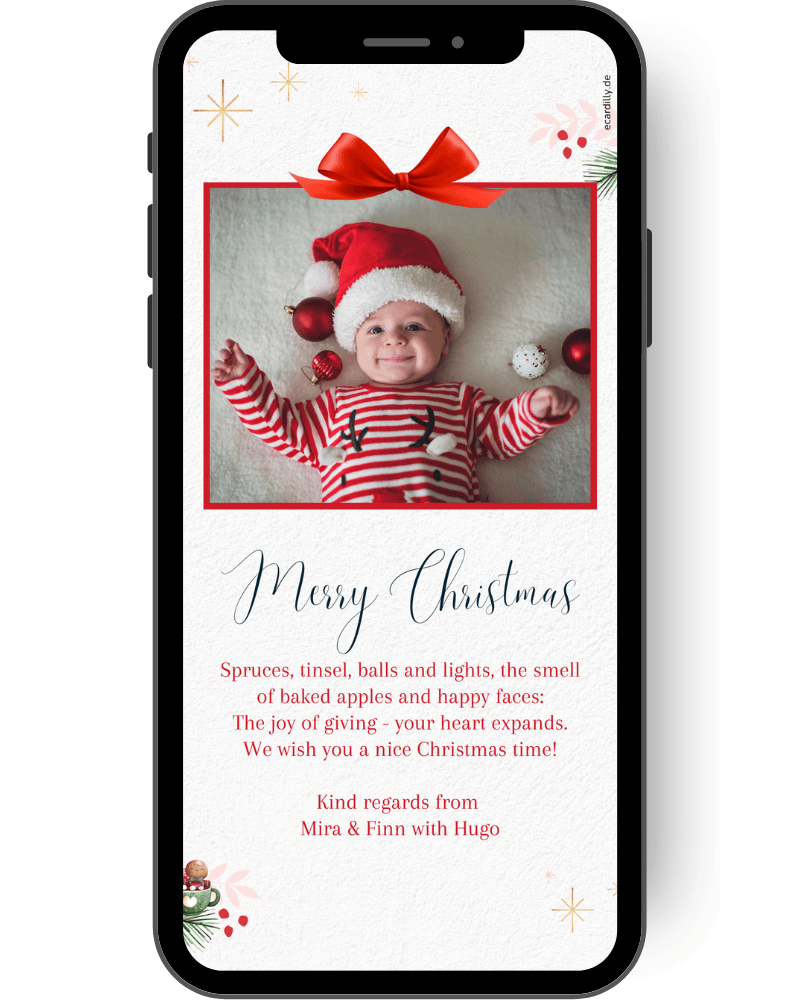 Modern digital Christmas card with photo. Send Christmas greetings as photo with personal Christmas greetings. Christmas card with stars branches and modern graphic en