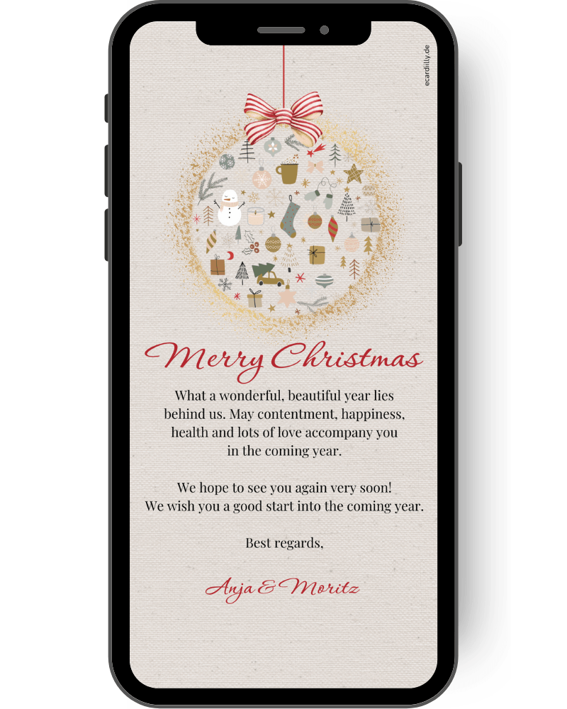 Digital Christmas card with Christmas greetings. Christmas bauble with many small Christmas motifs and a linen background. Subtle modern colors in red, gold, rose, beige en