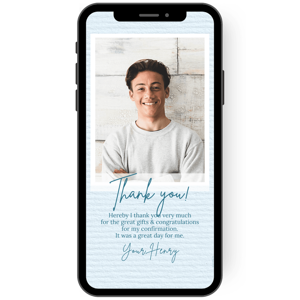 Thank you card or thank you note to say thank you digitally. Light blue card with writing and a photo