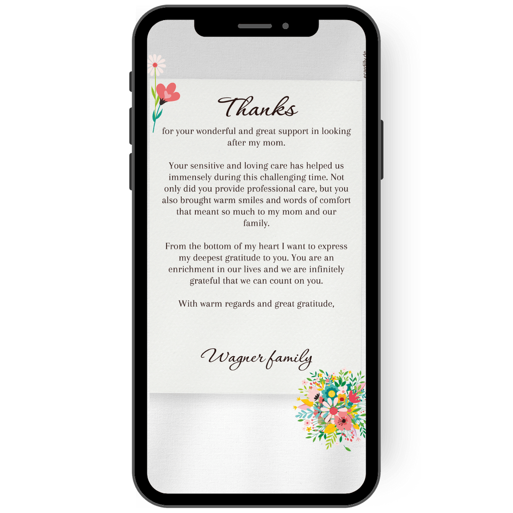 Heartfelt thank you card Thank you card with flowers and a text field for an individual text for loved ones