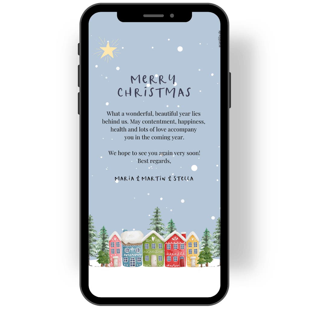 Beautiful Christmas card as Christmas greetings with snow, snowflakes, small houses, winter house, firs and beautiful saying en