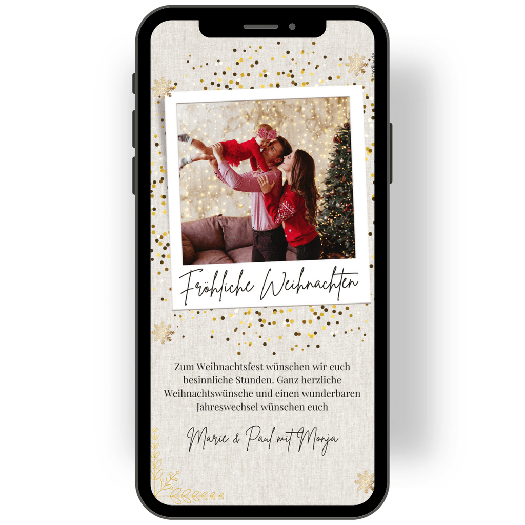 Tolle Weihnachtskarte mit goldenen und weißen Schneeflocken und Konfettipunkten. Ein persönliches Foto kann in die Karte gesetzt werden und mit persönlichen Weihnachtgrüßen gestalten sein. Dezente, moderne whatsApp Weihnachtskarte. de