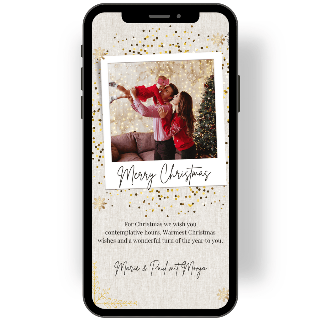 Great Christmas card with golden and white snowflakes and confetti dots. A personal photo can be added to the card and personalized with Christmas greetings. Subtle, modern whatsApp Christmas card. en