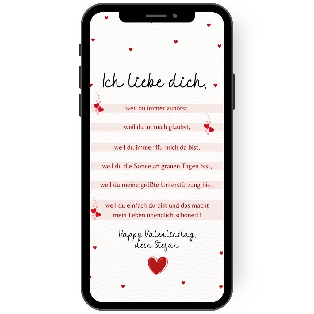 Digitaler papierloser Liebesbrief mit den Worten "ich liebe dich, weil..." in rot rosa für Verliebte