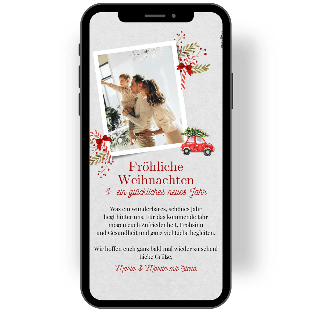 Wunderschöne Weihnachtskarte mit Foto und Auto, Zuckerstange und wunderschön dezentem Hintergrund. Weihnachtsgrüsse digital mit WhatsApp versenden de