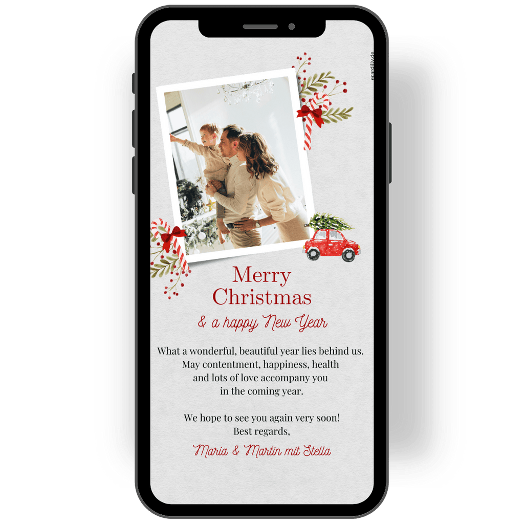 Beautiful Christmas card with photo and car, candy cane and beautifully subtle background. Send Christmas greetings digitally with WhatsApp en