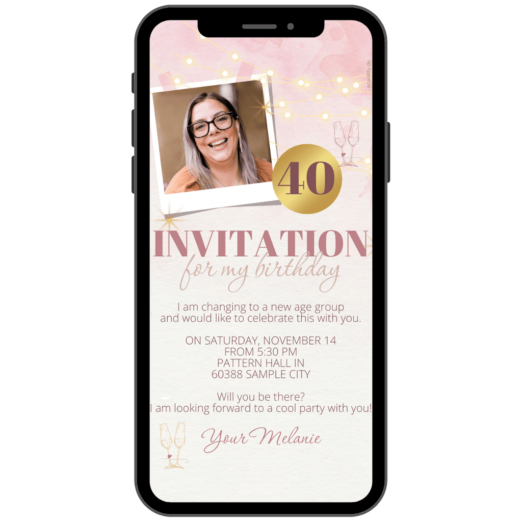 Elegant invitation card in pink with a gold color gradient. A garland of lights and photo can be seen on this invitation card for women.