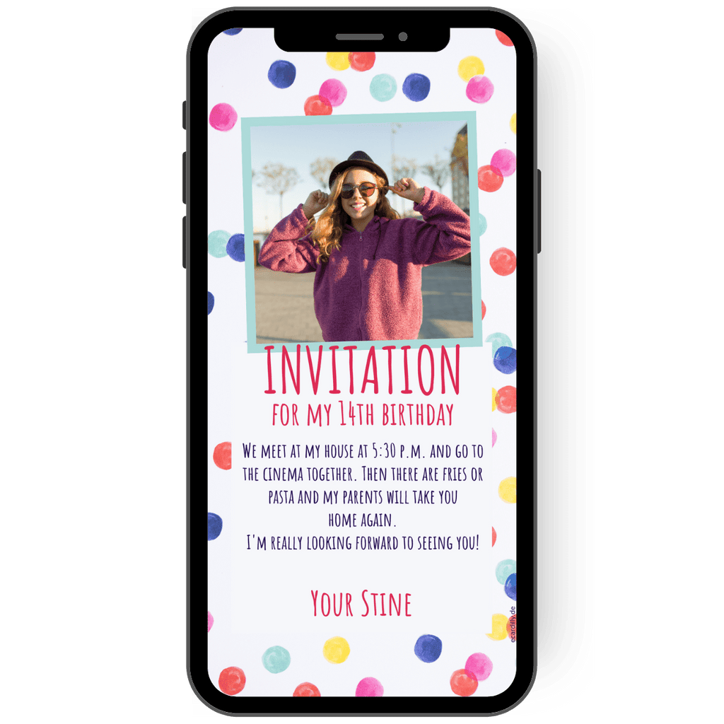 Great digital invitation card for a child's birthday with colorful dots and a photo. So you can invite all your guests in a cheerful and colorful way.