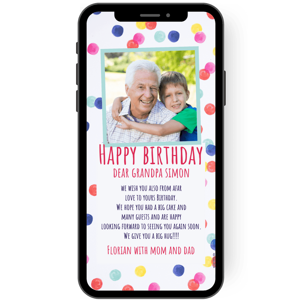 Tolle digitale Einladungskarte zum Geburtstag Kindergeburtstag mit bunten Punkten und einem Foto. So kannst du froehlich bunt alle Gaeste einladen.