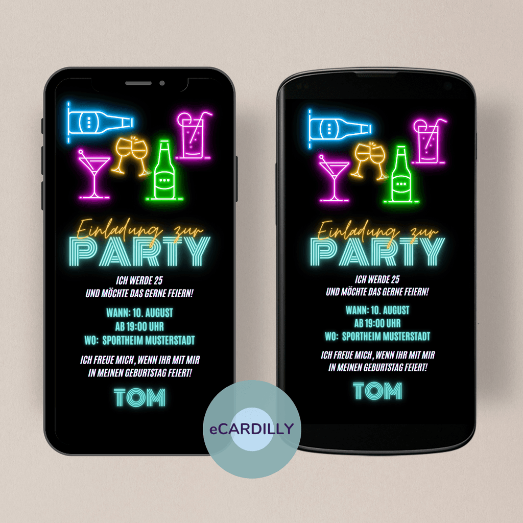 papierlose Einladungskarte - schwarzer Hintergrund - Neon - Party - Sekt - Cocktail - Bier - Einladung