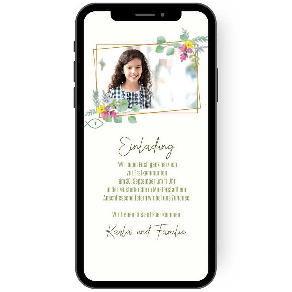Wunderschöne Einladungskarte zur Kommunion mit Foto und bunten blumen die sich um einen goldenen Bilderrahmen ranken.