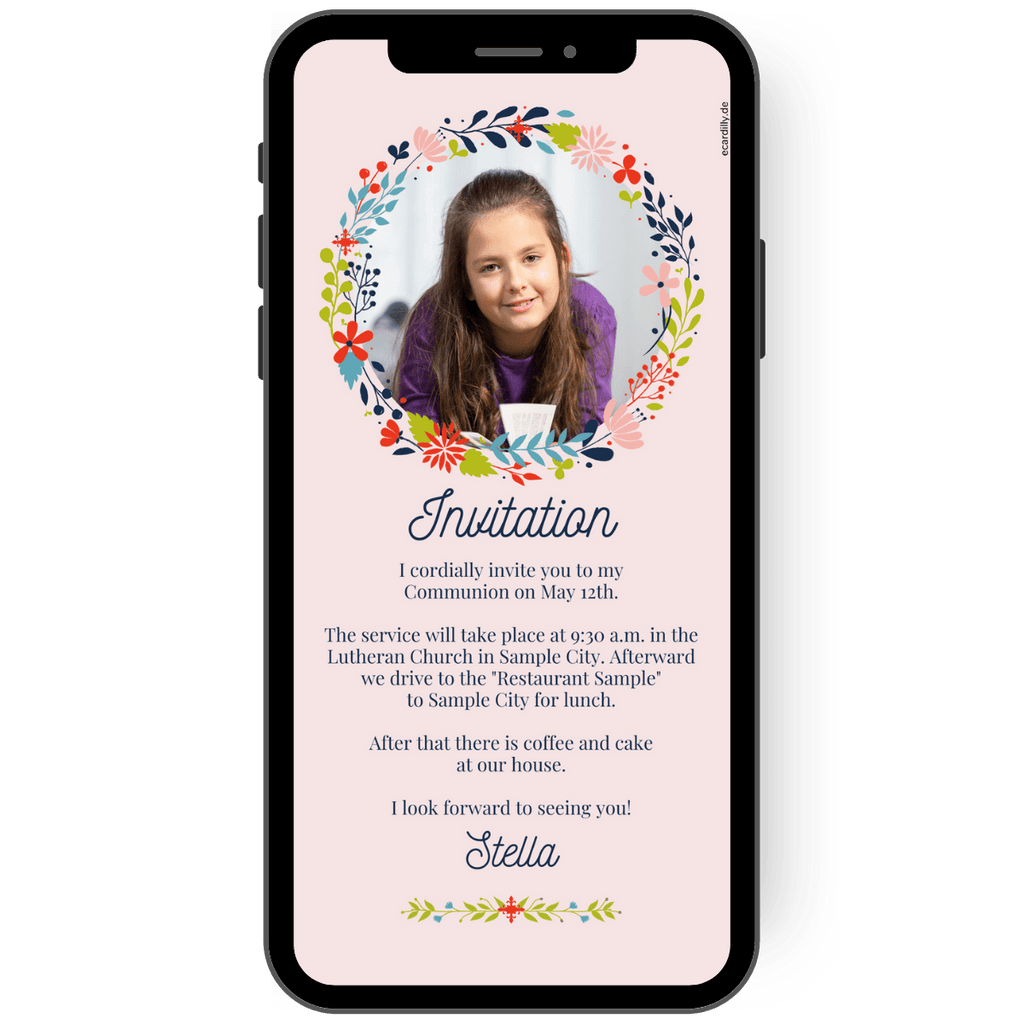 A wreath of flowers in the colors green, red, light blue, dark blue and pink adorns the picture of the communion child, who invites his guests in a modern way with this invitation
