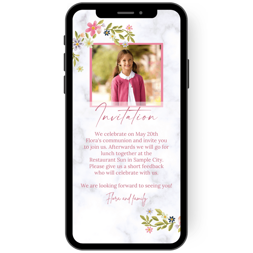 Great Communion Confirmation invitation card with floral tendrils in watercolor look and marble background. Send digital eCard paperless.