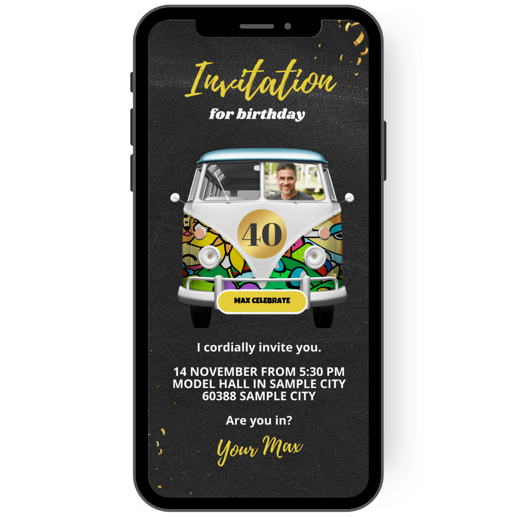 Great retro vintage invitation or invitation card in black with a colorful van and individual invitation text