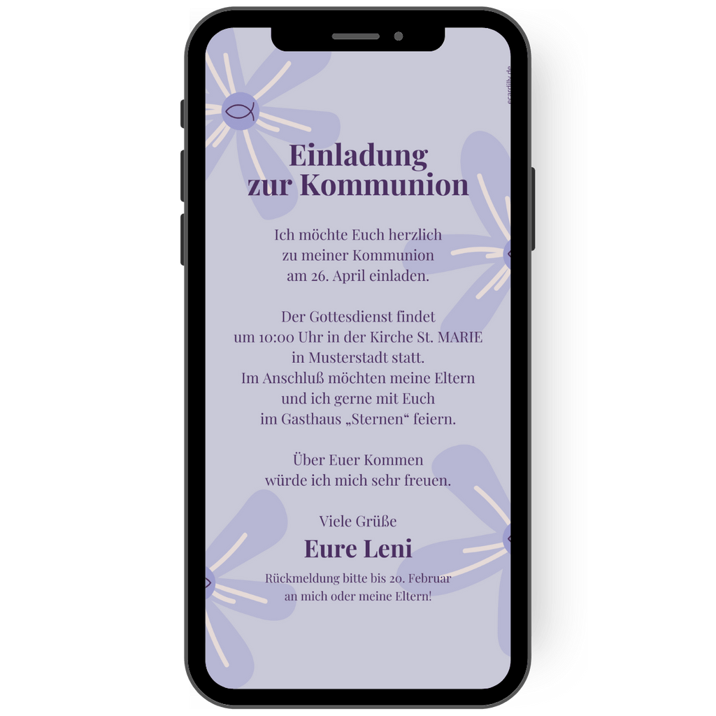 Einladung zur Kommunion in lila flieder mit Fisch und großen Blüten