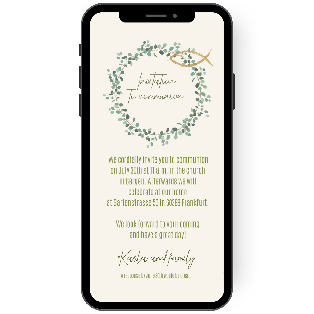 Communion invitation card with green elements and eucalyptus leaves as a wreath. A small golden fish decorates this communion invitation card eCard en
