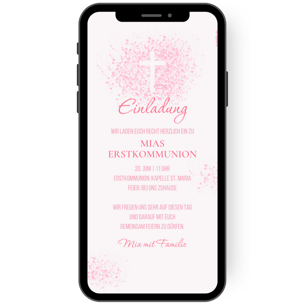 Wunderschöne digitale Einladungskarte oder Einladung zur Kommunion Konfirmation. Diese eCard in rosa mit tollen Konfettipunkten lädt herzlich zur Kommunion Konfirmation ein.
