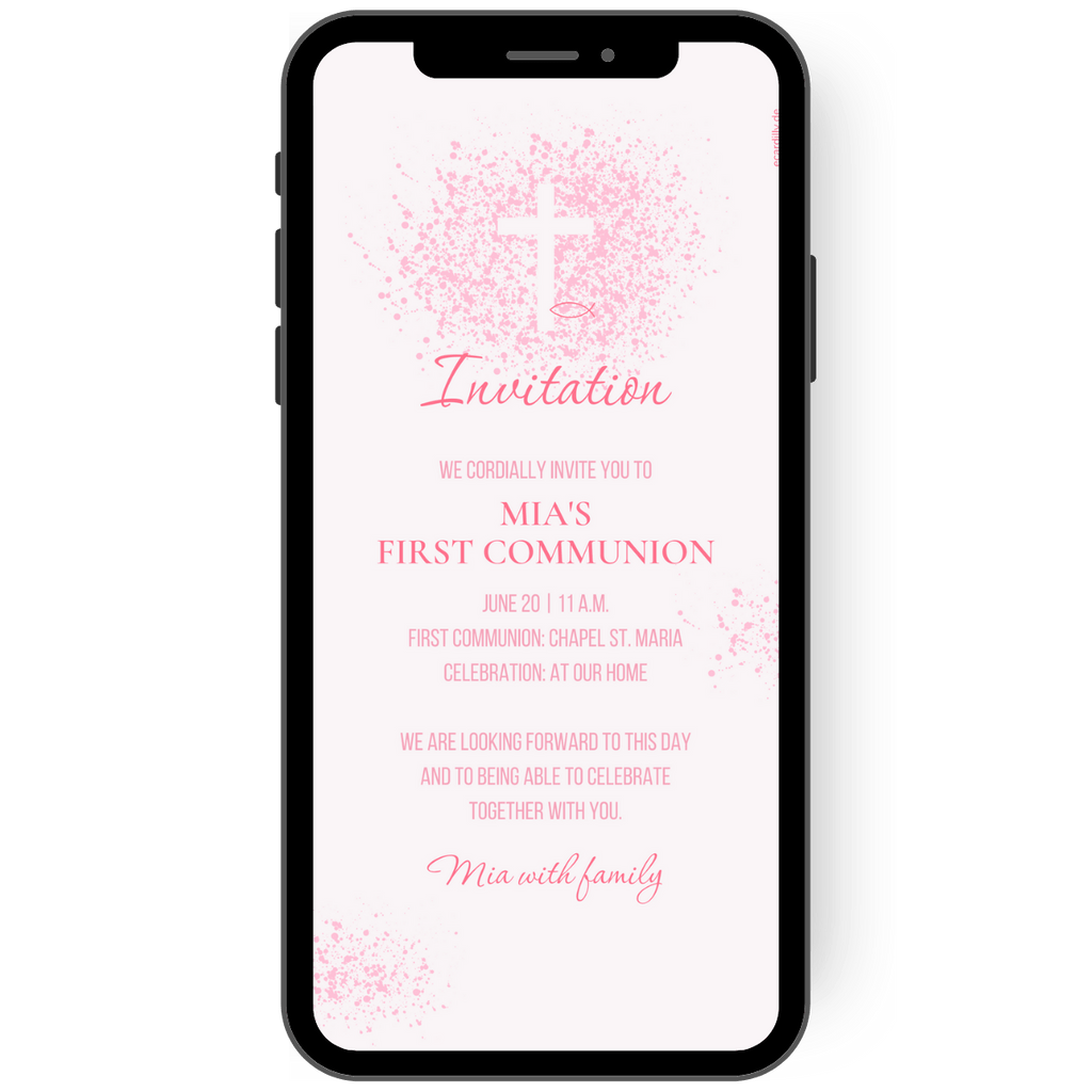 Beautiful digital invitation card or invitation to communion confirmation. This eCard in pink with great confetti dots cordially invites you to the communion confirmation.