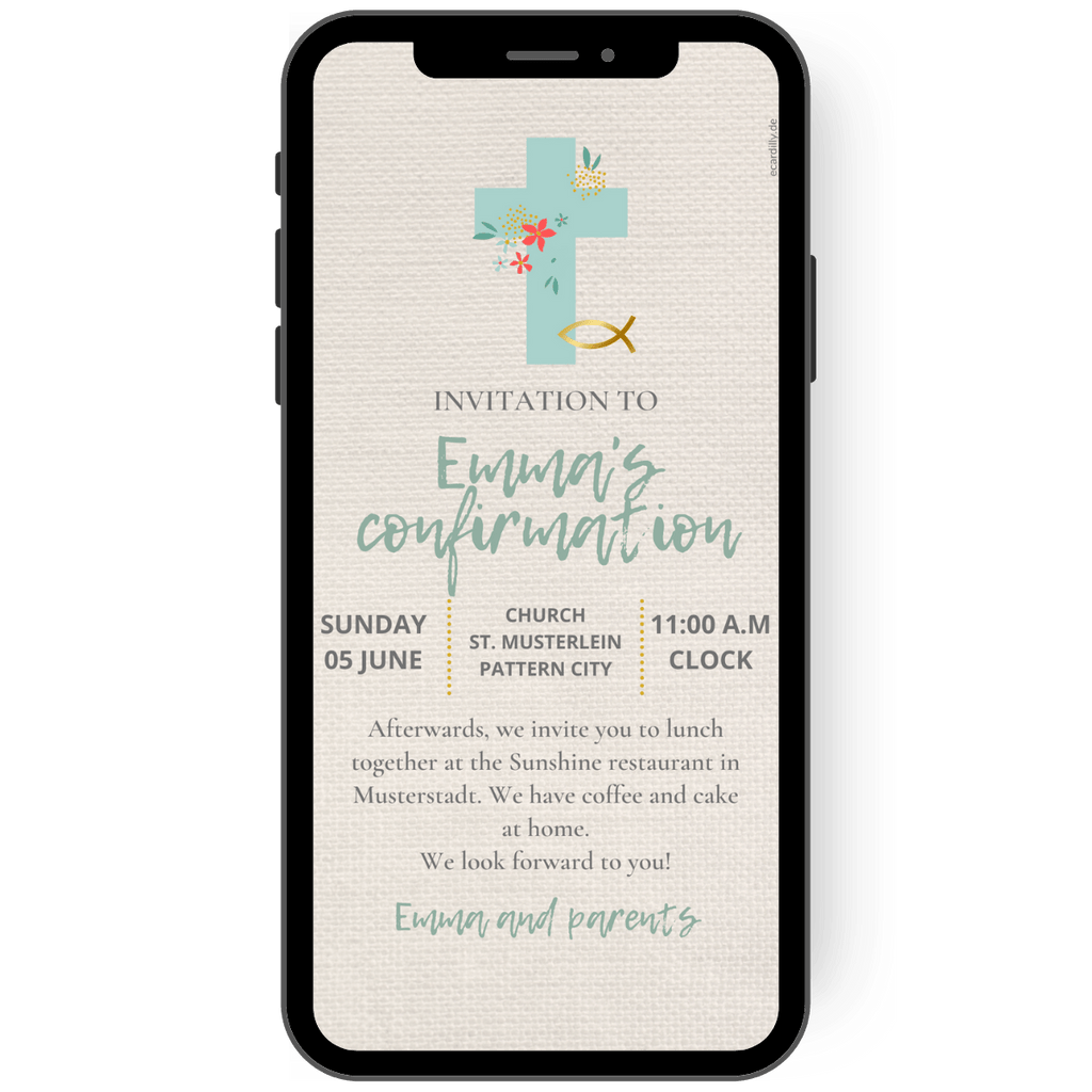 A digital invitation to the church celebration of confirmation in beige-mint tones. The design shows a cross and a fish, matching the occasion of the celebration. With this eCard, you can invite your guests to the confirmation in a stylish and uncomplicated way.