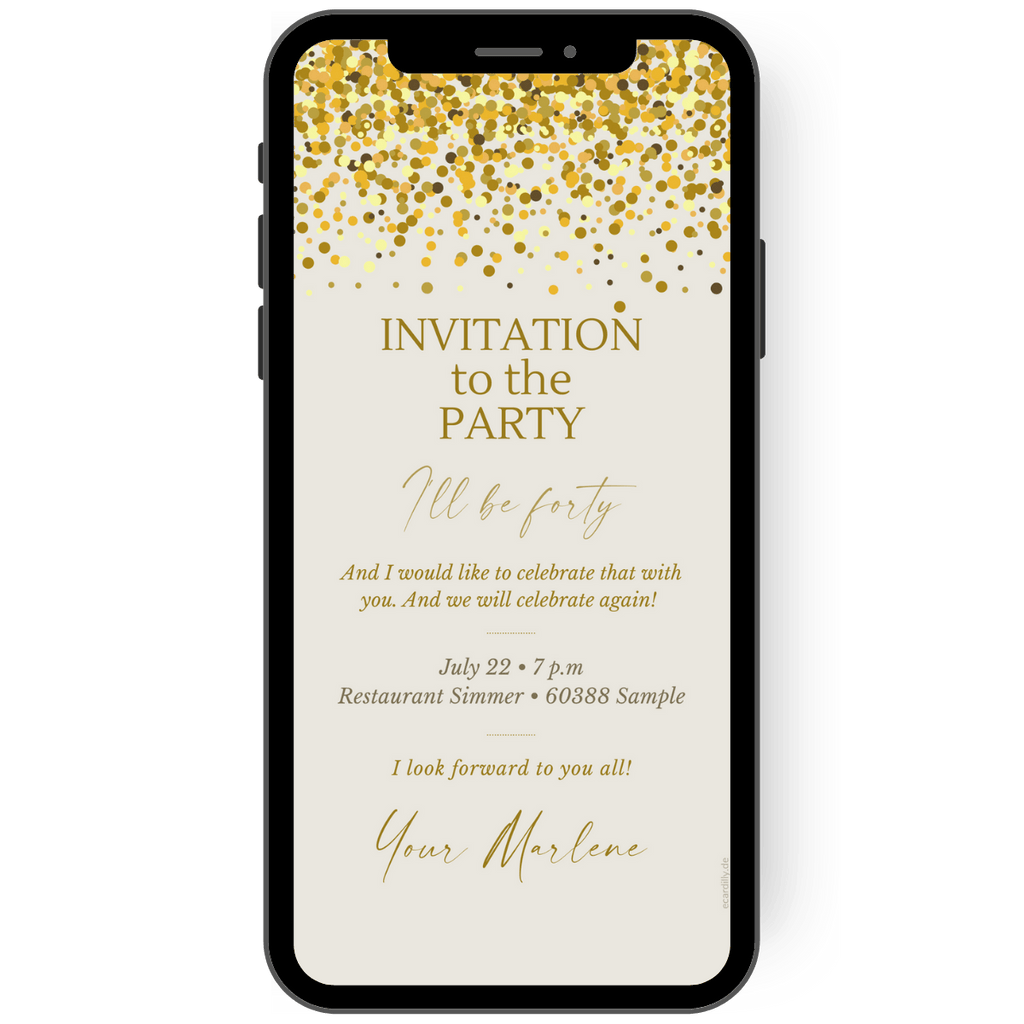 Great invitation card with golden confetti for a round 40th birthday