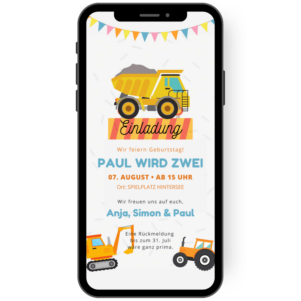 Einladungskarte zum Kindergeburtstag mit Fahrzeugen wie Bagger, Traktor, Kipplader, LkW. Tolle WhatsApp Einladung für Jungs, die Fahrzeuge lieben. de