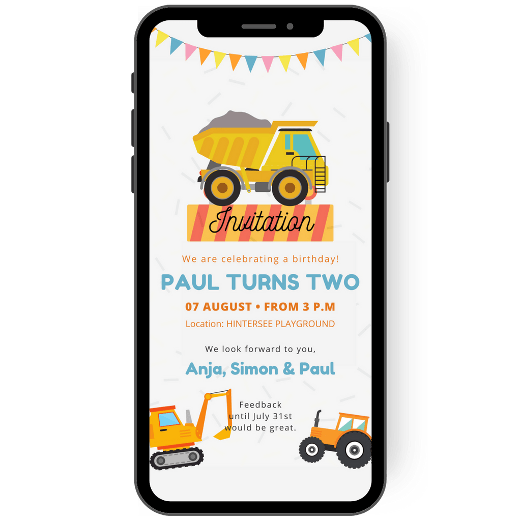 Children's birthday invitation card with vehicles such as excavator, tractor, tipper loader, truck. Great WhatsApp invitation for boys who love vehicles en