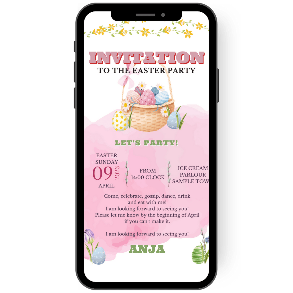 Lade zu deiner Osterparty ein - bunte eCard mit großem Osterkorb - Einladung - Pink - Ostereier - Blumen - helle Farben - WhatsApp